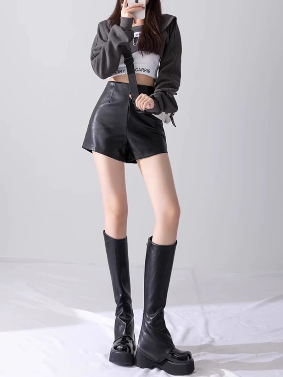 Picture of 2023 autumn and winter new pu leather shorts women's black small leather pants high waist slimming a-line pants fashion outwear pants