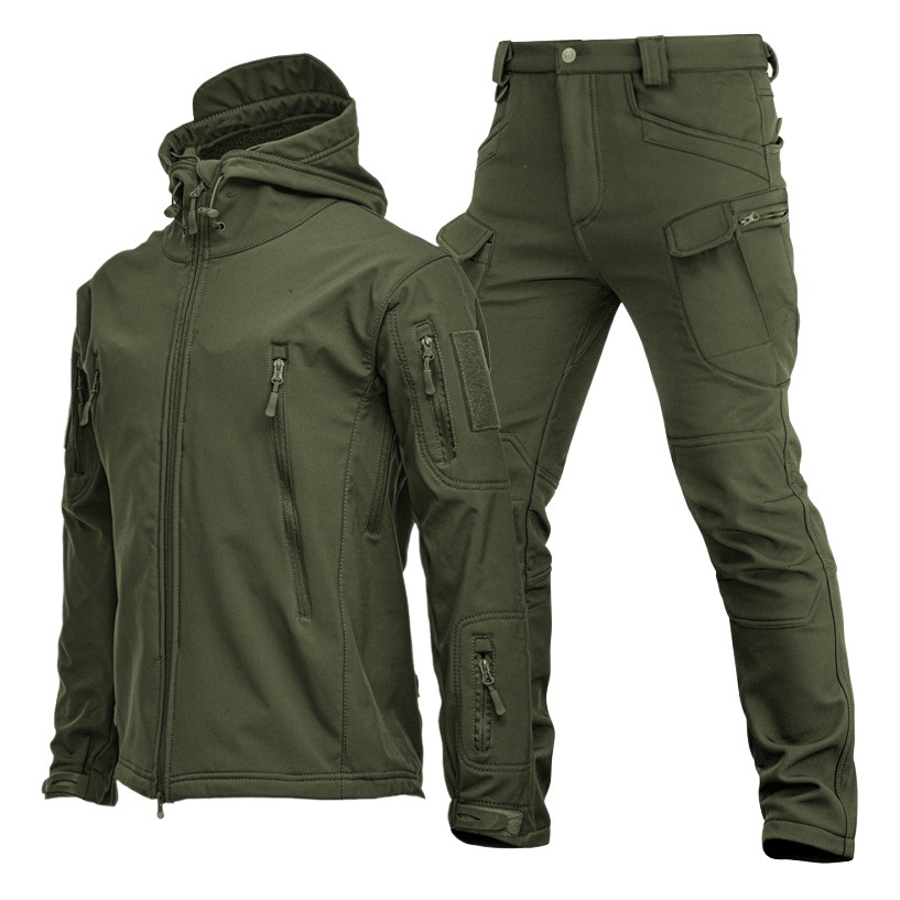 Outdoor Shark Skin Soft Shell Jacket suit Men's Spring Autumn and Winter Military Fan Windproof Breathable fleece-lined Mountaineering Jacket