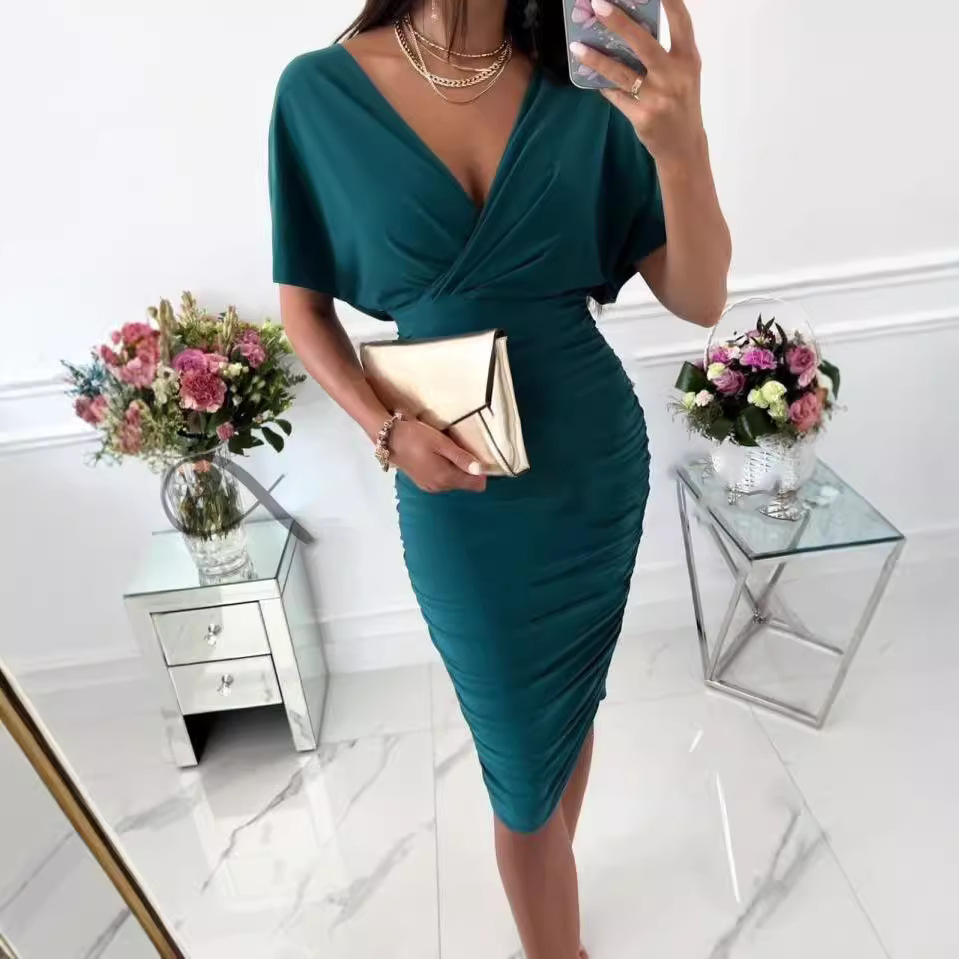 Europe and America's Light and Mature Hot-Selling European and American Tight-Fitting Summer V Neck Waist-Cinching Simple Hip-Hugging Skirt