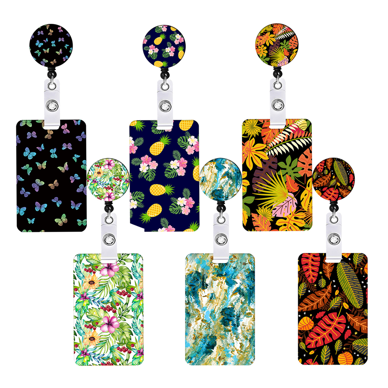 Butterfly Pineapple Flower Marble Color Printing Telescopic Easy-pull Buckle Mobile Phone ID Buckle Lanyard Card Holder