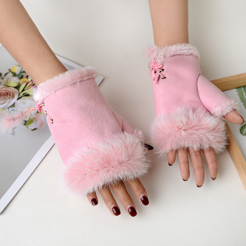 Picture of Factory sales suede rabbit fur half finger gloves women winter gloves warm gloves computer gloves wholesale