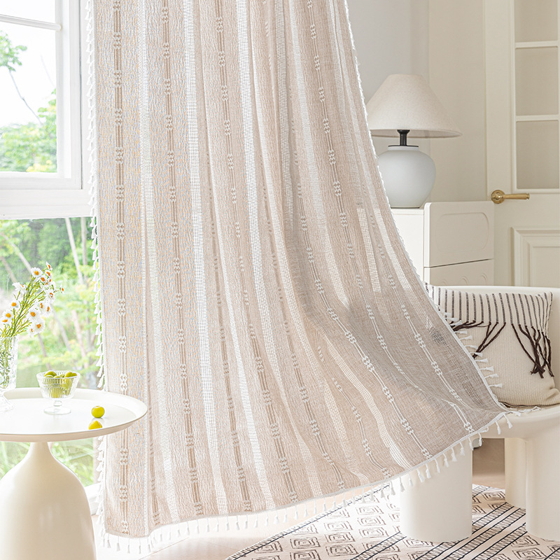 Picture of Cross-border exclusive for Nordic cotton and linen curtains multi-color solid color cotton and linen yarn semi-transparent bedroom living room floor curtains with yarn