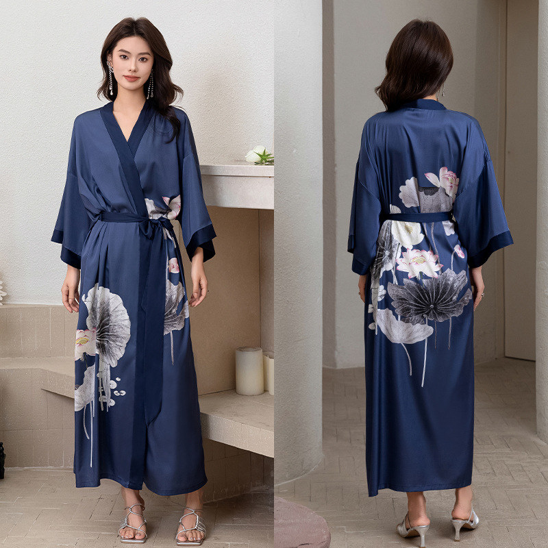 Picture of Yaoting Satin Printed Pajamas for Women Summer Large Size Accessible Luxury Three-Quarter Sleeves Cool Long Nightgown Home Wear Women Wp2669