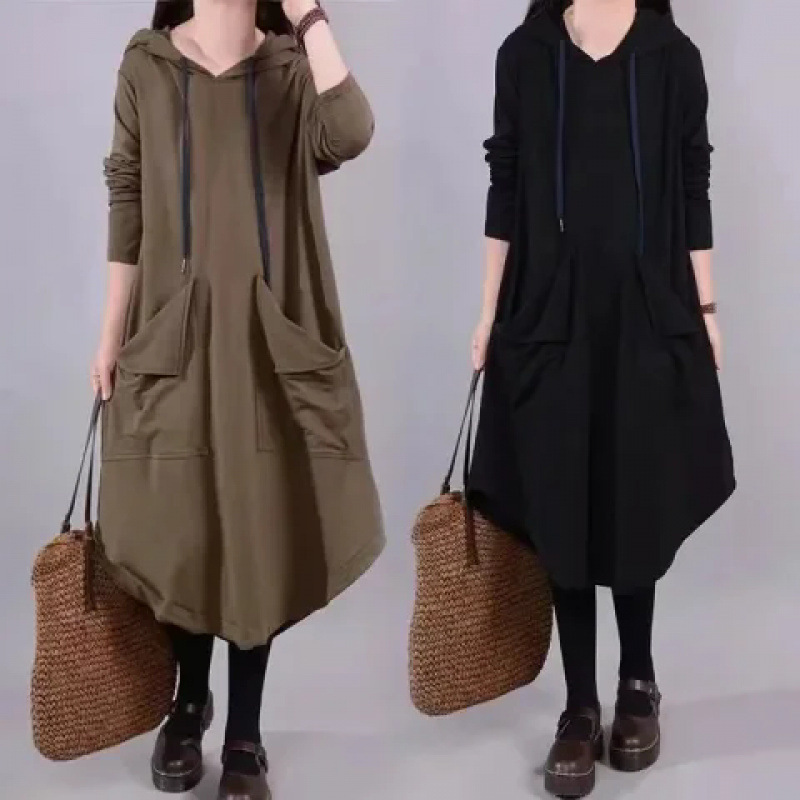 Autumn New plus size Women's Loose Artistic Mid-length Large Pocket Over-knee Covering Belly Hooded dress