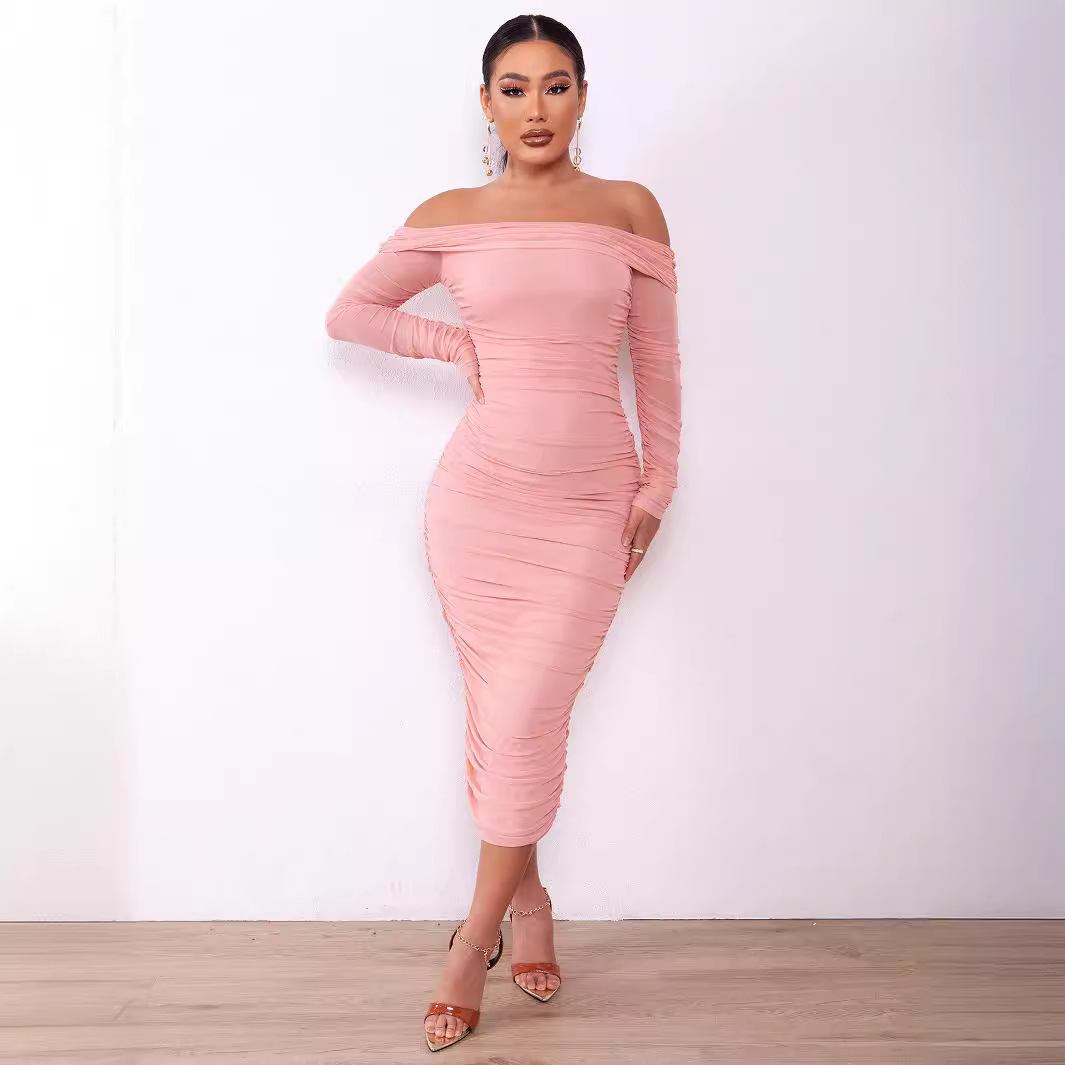 Haute Couture Famous Slow Sexy Tight One-Step Skirt European and American Tube Top Fragrant Shoulder Pleated Body-Shaping Dress