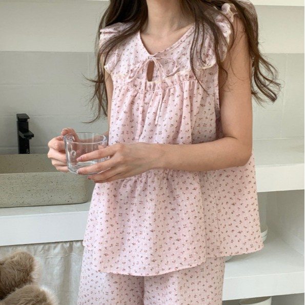 South Korea ins Women's Summer New Sweet Elegant Floral Ruffled Home Clothes Pajamas suit Outwear Women