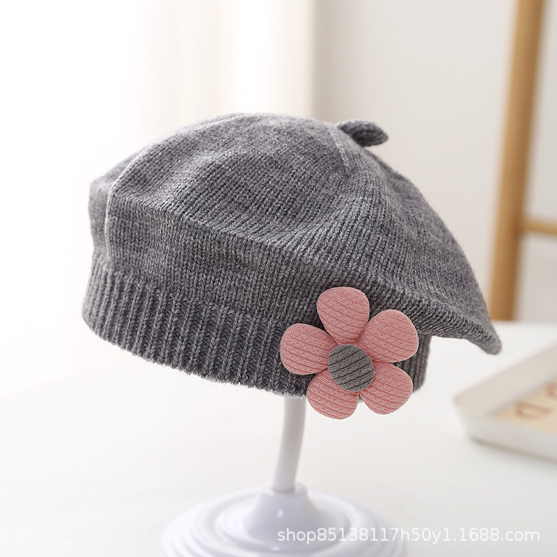 Picture of Baby hat autumn and winter baby girls' cute flower beret children's wool hat girls' knitted painter hat fashion