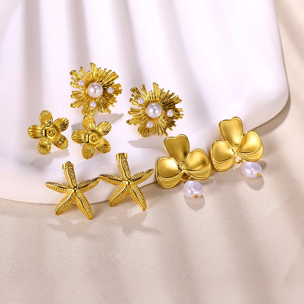 Picture of Cross-border new ins style fashion imitation pearl earrings 18K gold stainless steel earrings women's light luxury titanium steel petal earrings