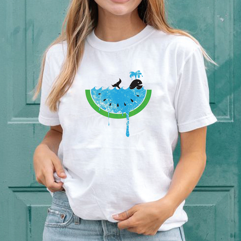 2021 Amazon women tshirt women's European and American Creative Watermelon and Whale Printed Loose women's Short Sleeve