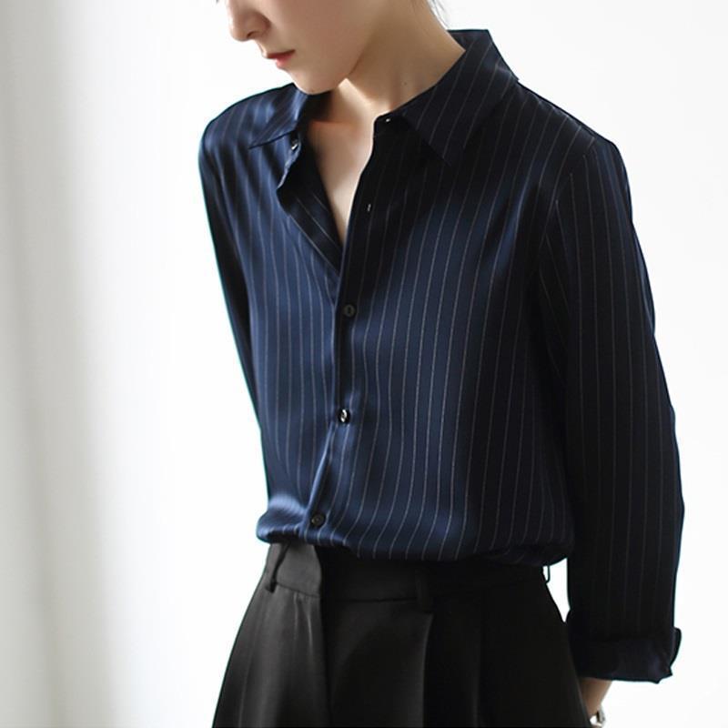 Picture of Chic black shirt women's new early autumn top design sense niche drape French vertical striped shirt Women's
