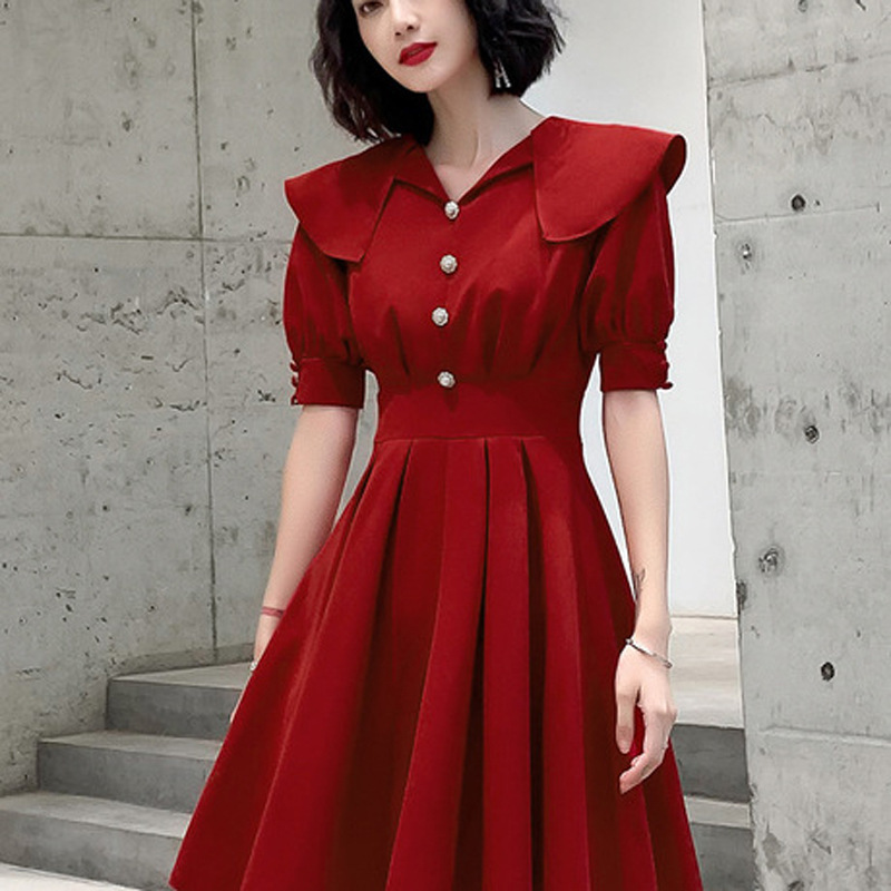 Xin Deqi foreign trade toast clothing 20 new summer wedding banquet wine red dress knee new lapel bubble sleeve shoulder breasted