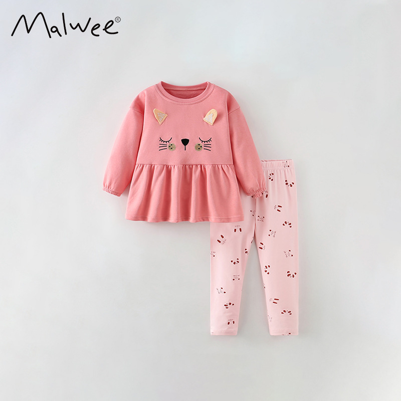 malwee girls suit autumn and winter new European and American children's leisure crew neck foreign style little girl leisure two piece set