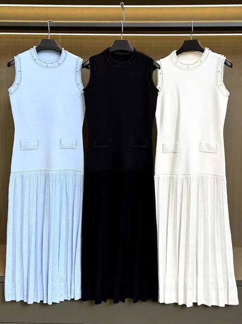 2025 Aliexpress New Women's Round Neck Sleeveless Long Skirt Slim Waist Knitted Skirt Heavy Beaded Dress