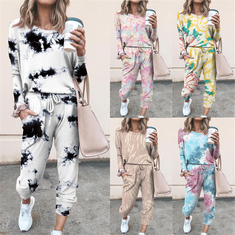 9623#2020 Amazon wish foreign trade women's clothing European and American autumn and winter printed casual home wear long sleeve women's suit