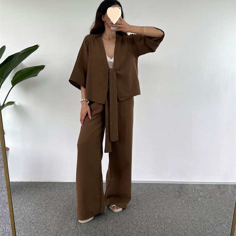 Picture of European and American Cross-Border Export Women's Fashion Casual Loose Suit Plain Lace-Up Three-Quarter Sleeve Cardigan Trousers Two-Piece Set