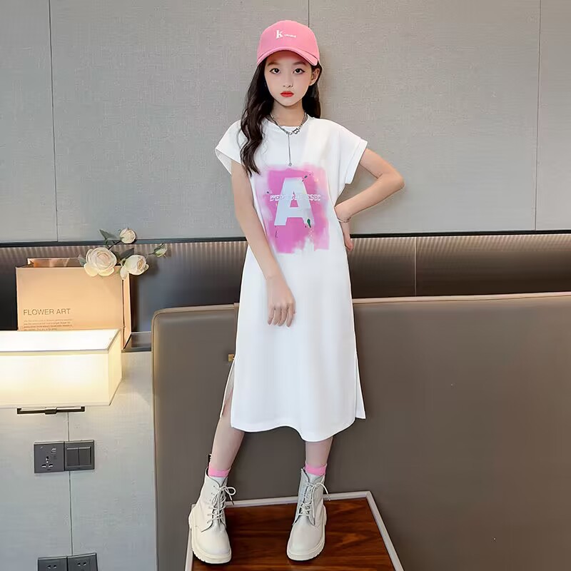 Picture of Girls' Summer Dress New Style Summer Middle and Big Children's Fashionable Korean T-Shirt Dress Long Large Children's Vest Skirt
