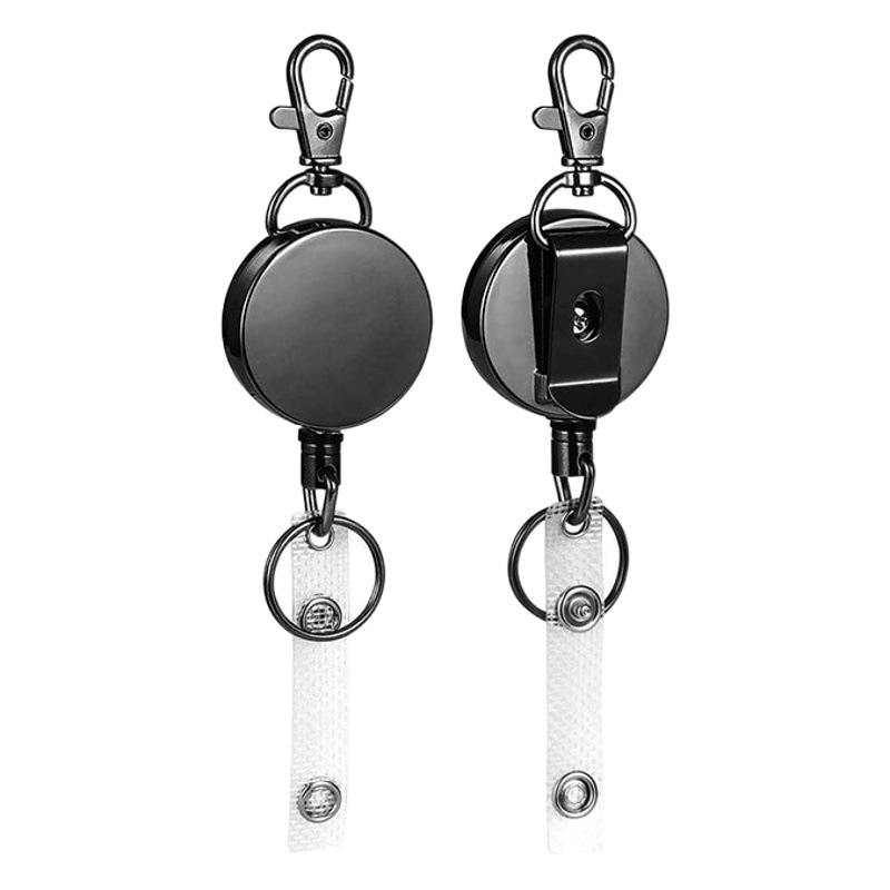 4cm Black Electroplated Metal Easy-Pull Buckle with Dog Buckle to Prevent Loss Telescopic Keychain Easy-Pull Id Buckle in Stock