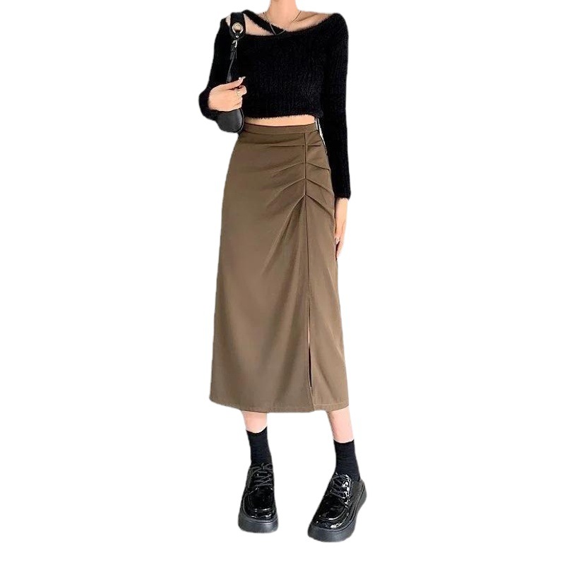 Plus size skirt pleated mid-length high waist irregular slimming draping autumn new split sheath A- line skirt