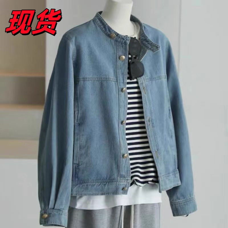 Hong Kong Style Retro Blue Denim Jacket for Women Autumn Loose Slimming Short Jacket Top