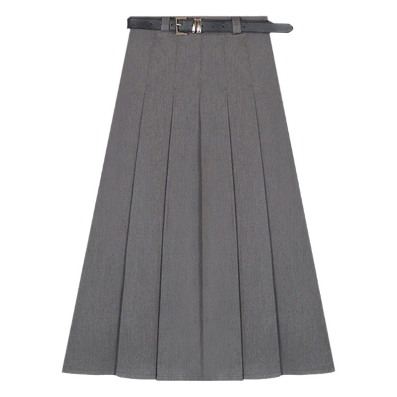 Grey College Style Skirt Women's Autumn New High Waist Slimming Solid Color Comfortable Loose Pleated Skirt