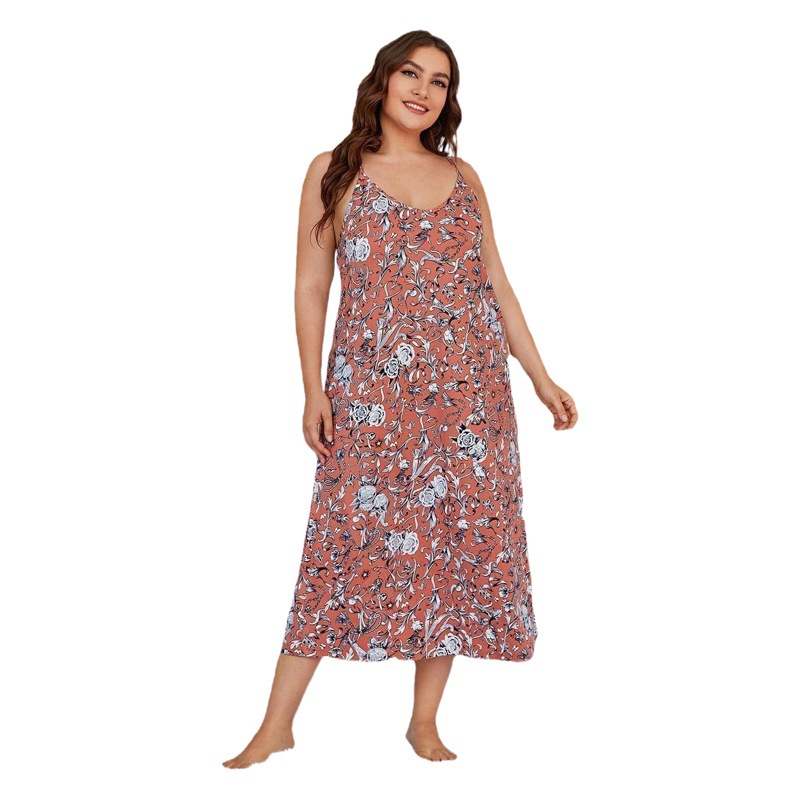 Foreign Trade European and American Plus Size Nightgown for Women 100kg Fat mm Suspender Floral Pajamas for Women Summer Amazon Sexy Nightgown