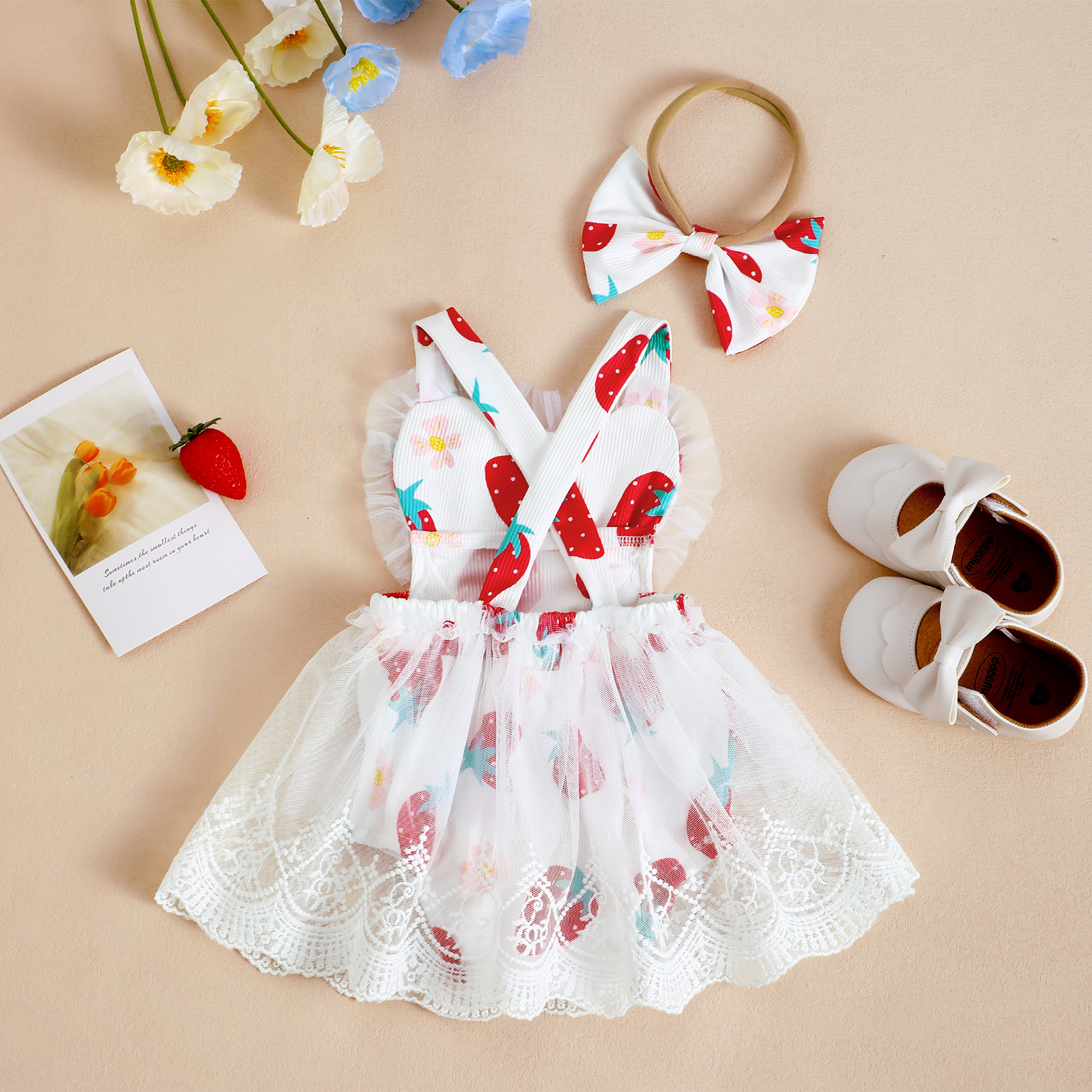 Picture of Cross-border Baby Children's New Girl's Strawberry Pattern Summer Strap Mesh Hare Dress Headwear Two-piece Set