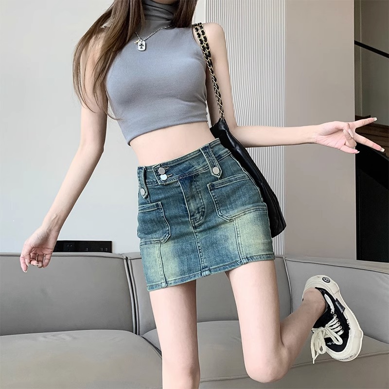 Cross-border retro distressed high waist breasted Denim short culottes women's summer thin stretch slimming a-line sheath half-length