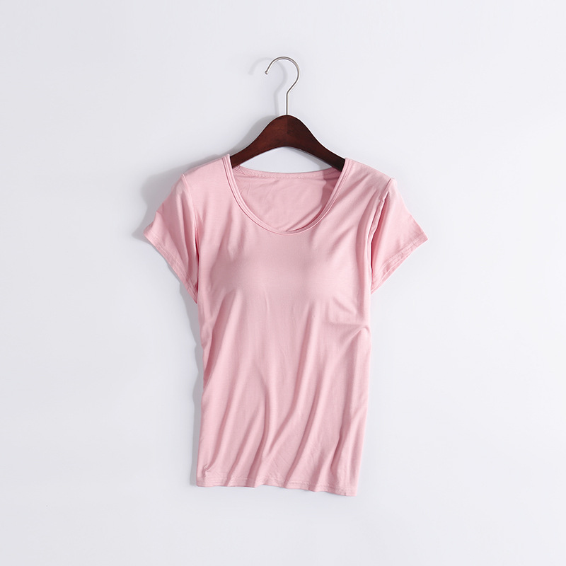 Picture of Modal T-shirt Women's Spring and Autumn Solid Color Short-sleeved Bra-free Yoga Bottoming Outer Wearing Cup All-in-one Home Clothes Inner Wearing