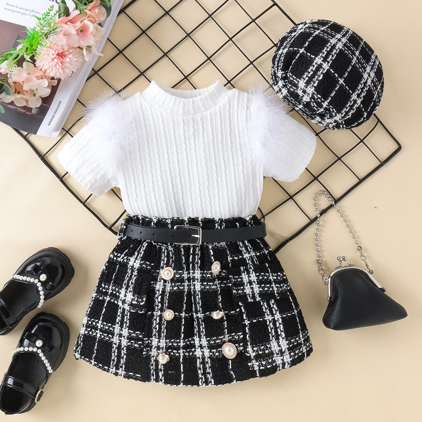 European and American Girls Plaid Fashion Suit Knitted Short-Sleeved Top Plaid Skirt Belt Hat Suit
