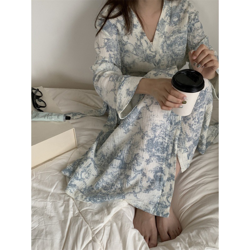 Picture of South Korea ins Women's Autumn New Korean Style Gentle Style Korean Style Ink Flower Sweet Home Clothes Nightgown Bathrobe Women