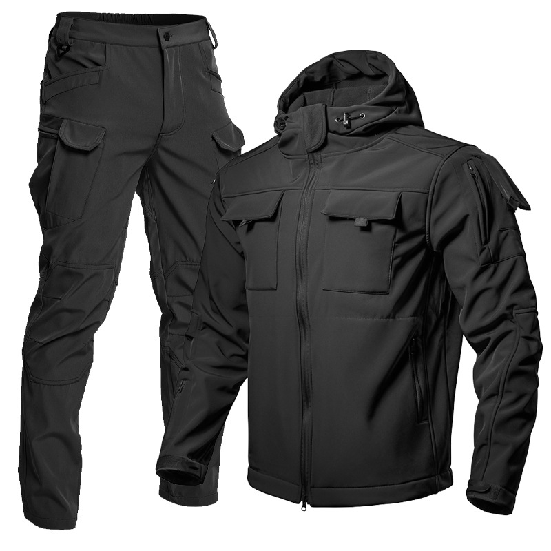 Winter suit outdoor shark skin softshell jacket men's fleece thickened windproof military fan tactical mountaineering suit camouflage