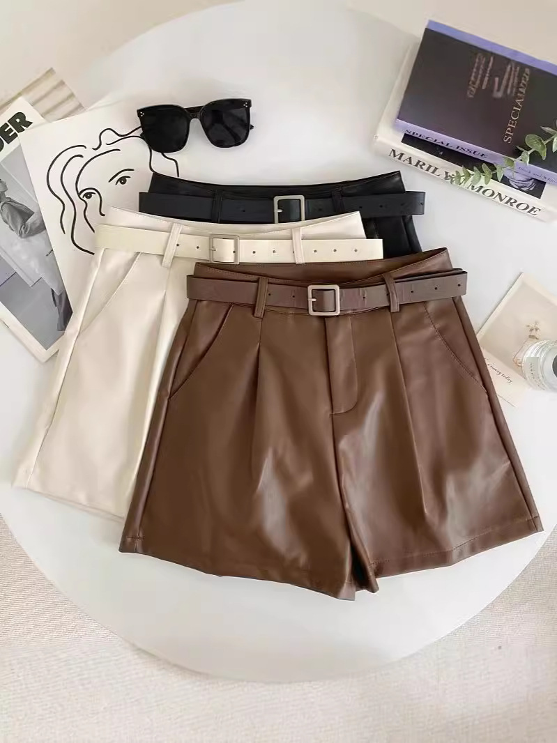 Autumn 2025 New High Waist All-match PU Leather Shorts Korean Casual Fashion Solid Color All-match Hip Covering Wide Leg Pants