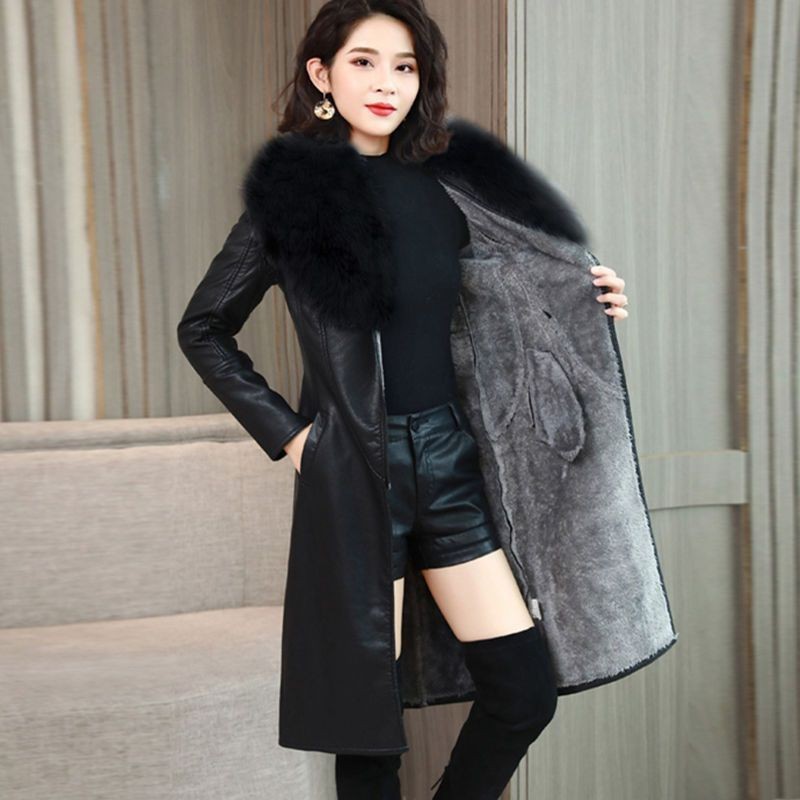 Picture of [Noble Light Luxury] Korean Women's Winter fleece-lined Fur Coat Mid-length Slim-fit Strap Large Fur Collar Leather Coat