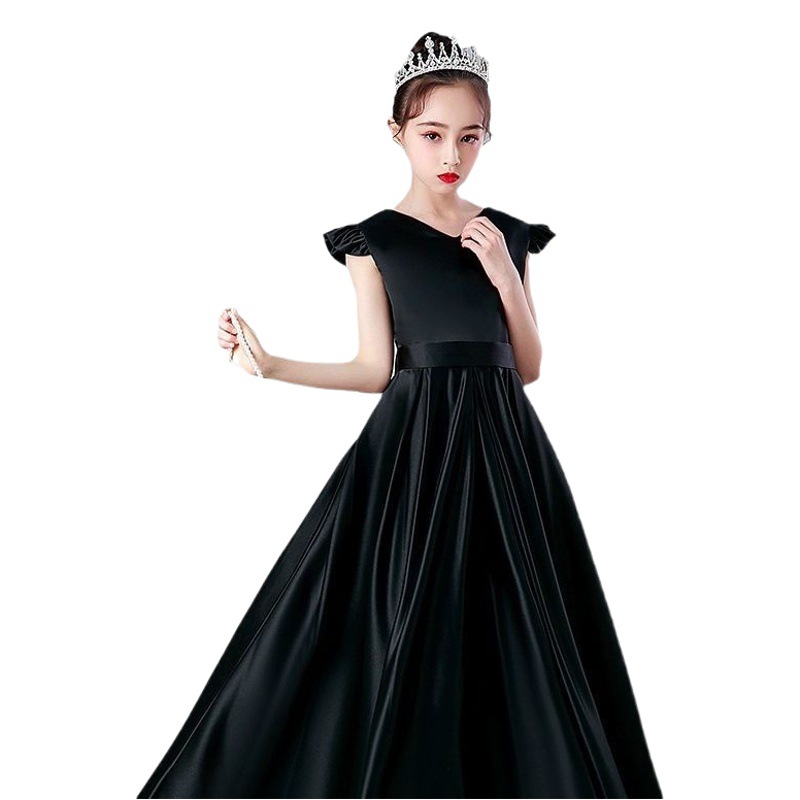 2024 girls' black piano evening dress costume princess dress satin children's host catwalk performance clothing long