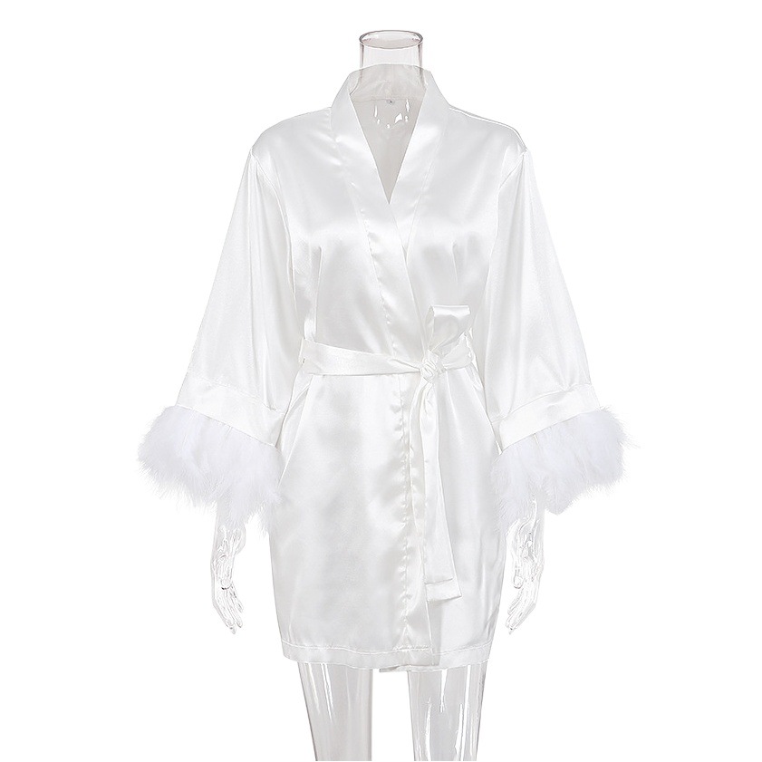 2023 Spring European and American Short Nightgown White Feather Fashionable Elegant Long Sleeve Pajamas Cross-border Satin Home Clothes for Women