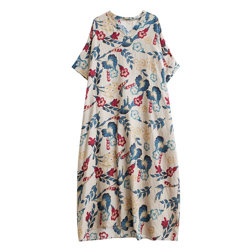 Bohemian Vintage Printed V-Neck Large Size Dress for Chubby Girls New Artistic All-match Artistic Large-length Dress for Women