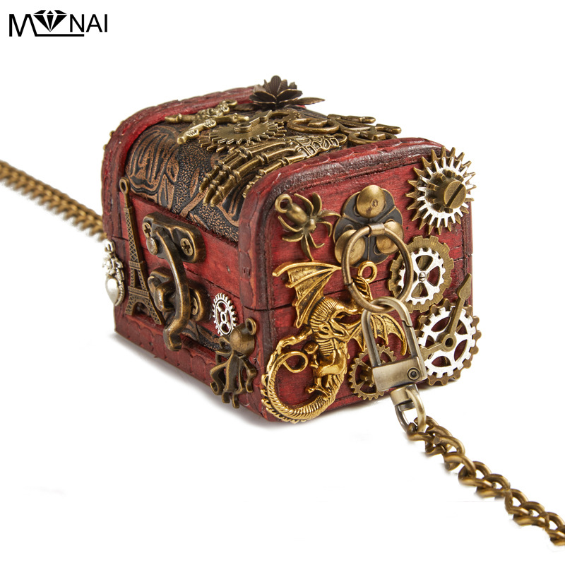 Gothic Retro Mini Creative Personality Small Bag Steampunk Wooden Treasure Box Metal Chain Crossbody Trendy Mini Bag