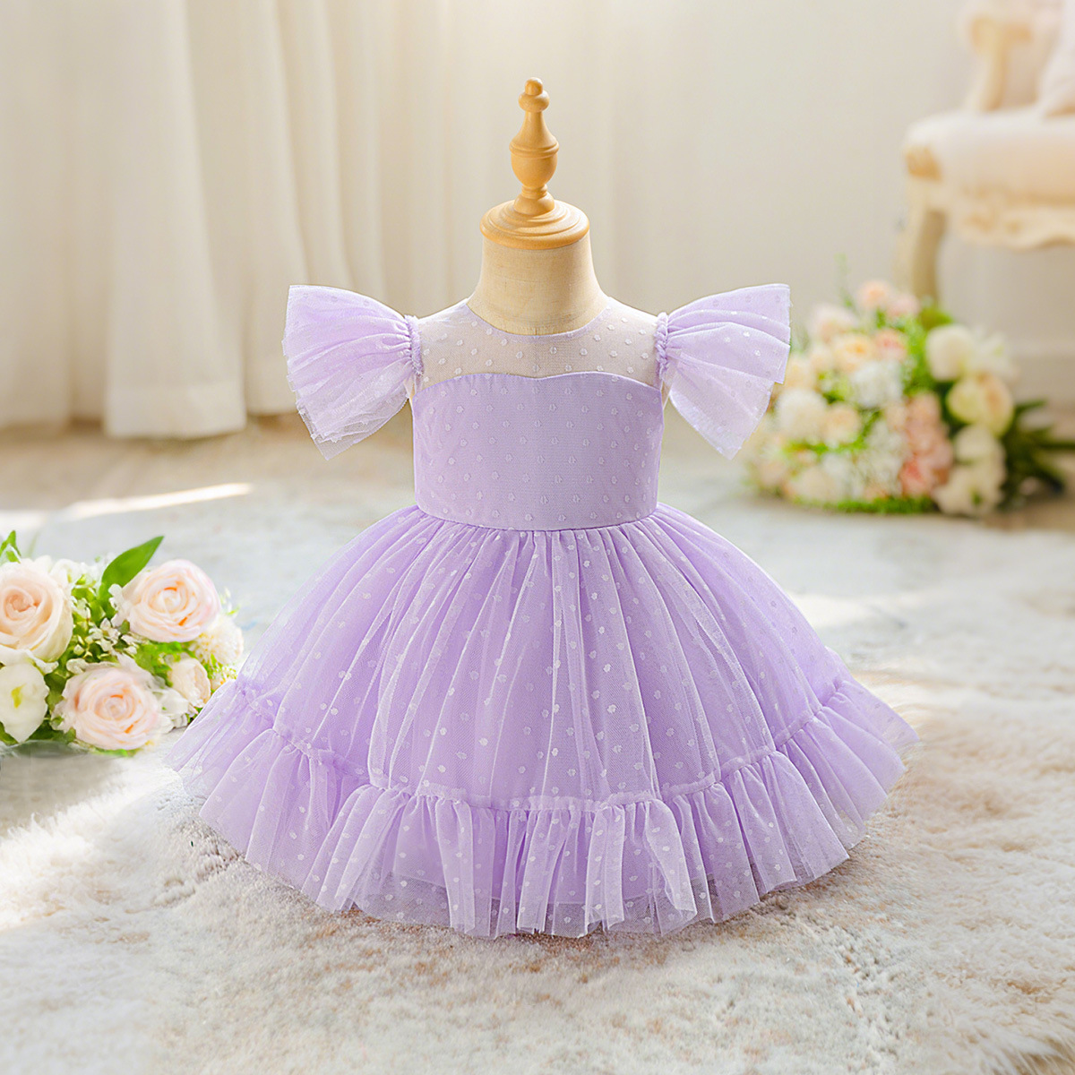2025 Cross-Border Wish Girls Dress Fashionable Party Princess Dress Mesh Small Flying Sleeves Wedding Dress Baby Baptism Dress