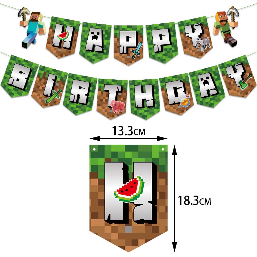 Picture of Minecraft Birthday Party Decoration Set Pixel Wars Happy Birthday Flag Cake Dessert Insert