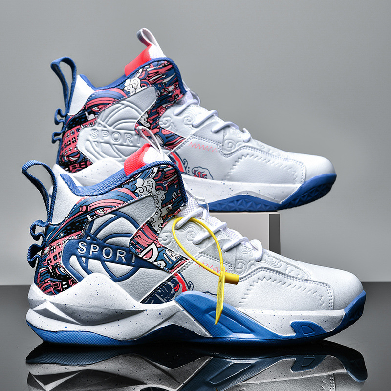 Couple's outdoor basketball shoes high-top lace-up color matching white shoes outdoor sports leather platform shoes one-piece delivery