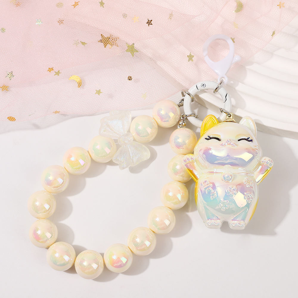 Picture of Girl heart lucky cat beads keychain two-color pearl beaded mobile phone chain bag keychain pendant