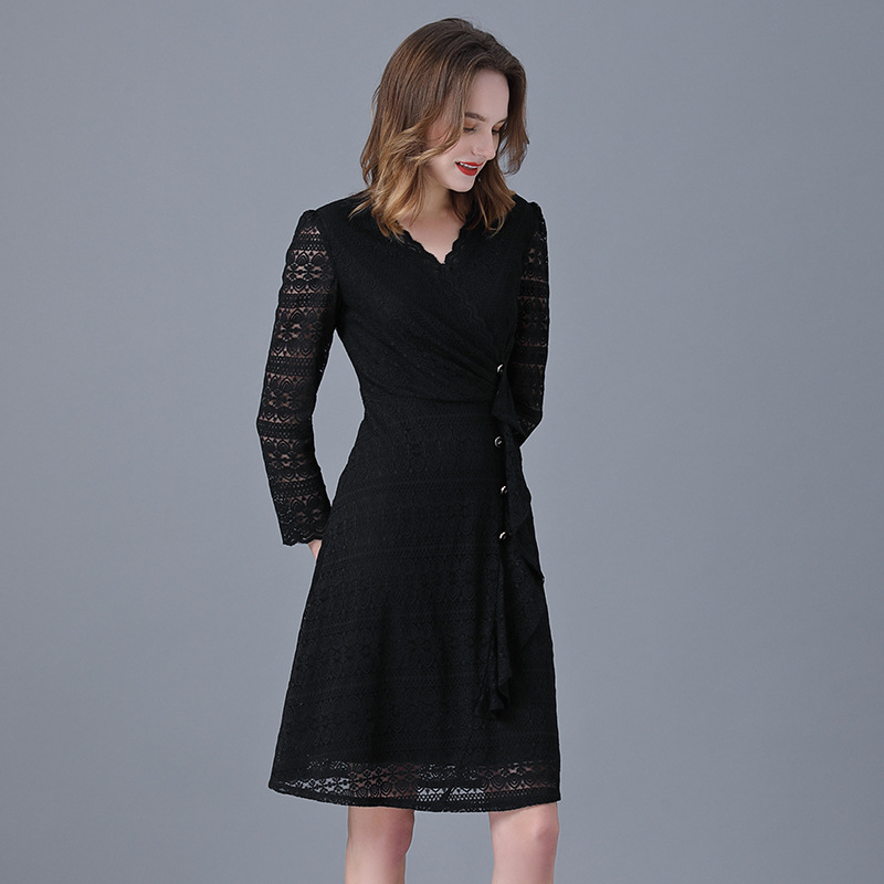 Picture of Lace dress European and American plus size spring new black socialite V-neck stretch sexy slimming versatile A- line skirt