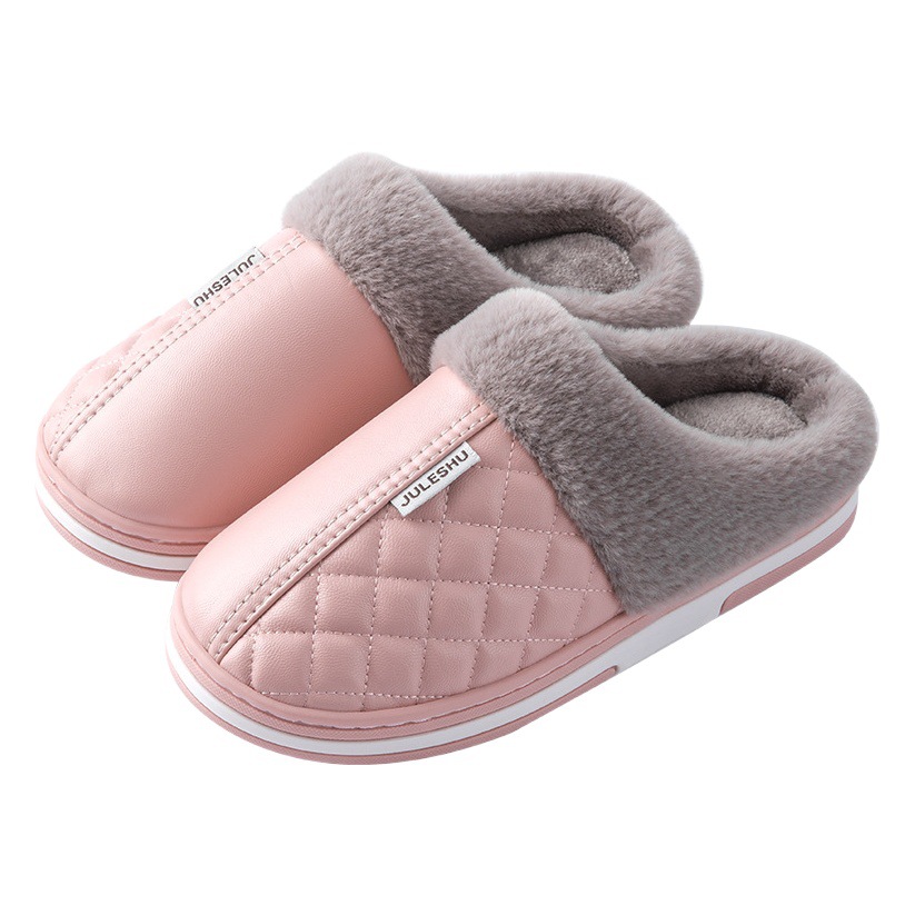 pu leather cotton slippers women 2025 autumn and winter waterproof home non-slip warm women's shoes home leather slippers winter men