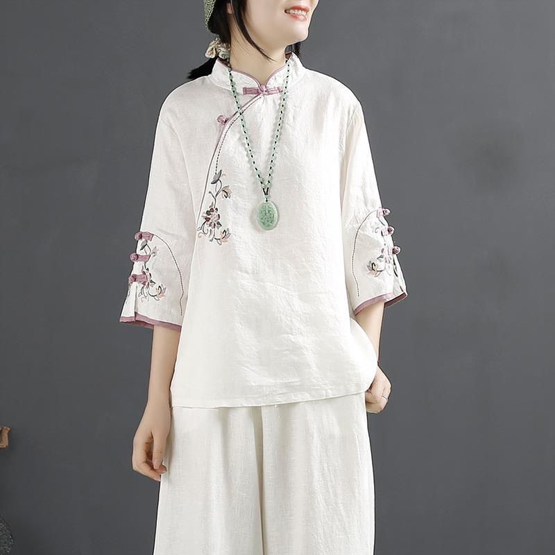 Picture of 2025 New Chinese Style Retro Cotton and Linen Shirt for Women Spring and Summer Chinese Style Stand-Up Collar Button-Up Top with Slanted Placket Embroidered Tea Suit