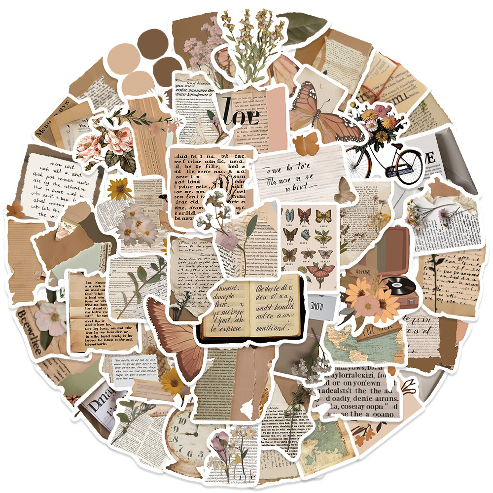 50 pieces cross-border retro Journal material stickers artistic flower letter collage material mobile phone shell refrigerator decorative stickers