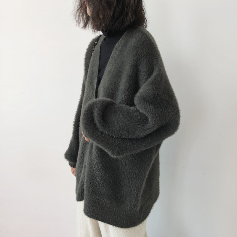 2024 Spring and Autumn New Arrival Mink Velvet Loose Sweater Coat Women's Mid-length Lazy Style V-neck Knitted Cardigan Top