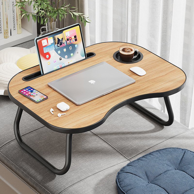 Simple folding computer desk bed desk round edge wrapping with cup holder card slot design for small table