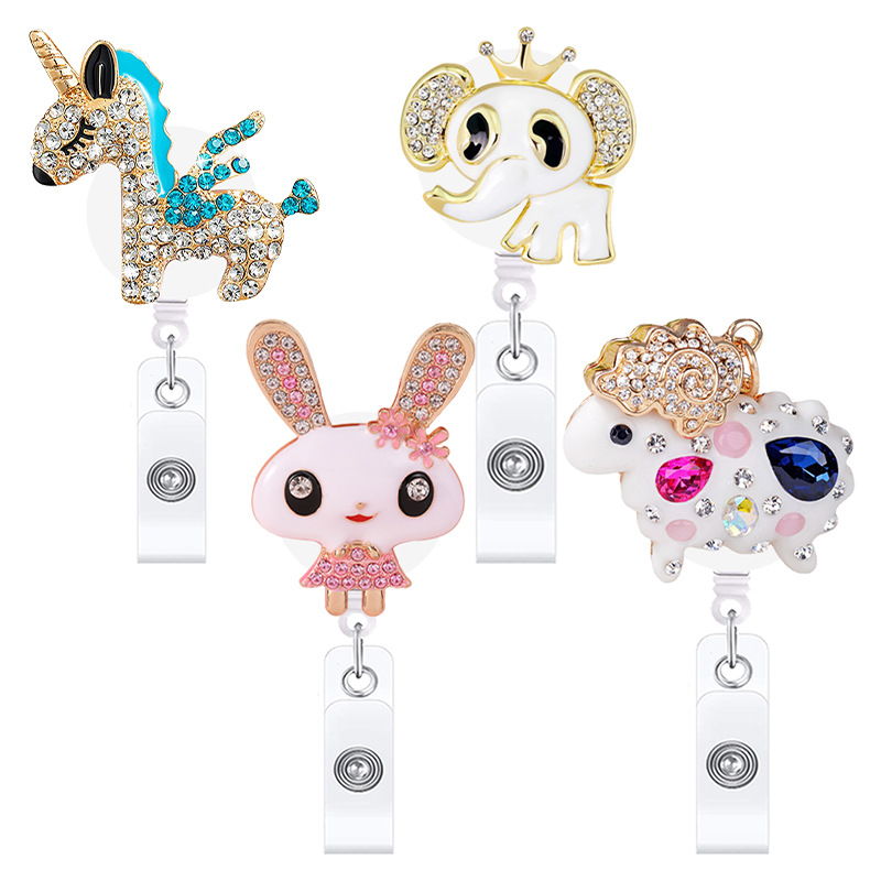 Cute Glass Rhinestone Pony Elephant Sheep Rabbit Telescopic Rotating Easy Pull-up Buckle ID Buckle Easy Pull-up Badge