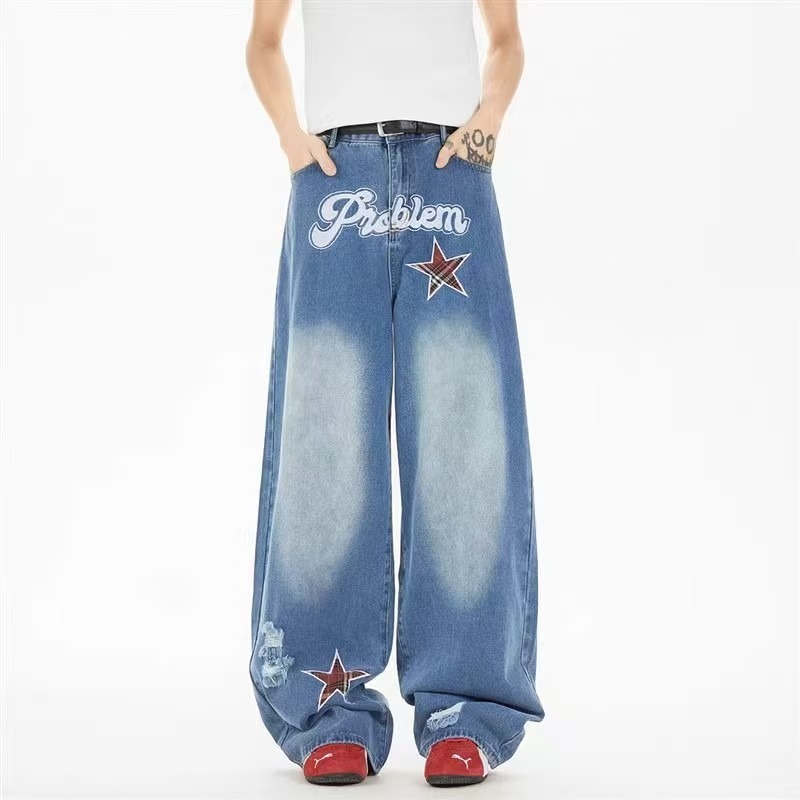 Star embroidered jeans, autumn new trendy brand loose straight wide-leg pants, American design, floor-length trousers, women