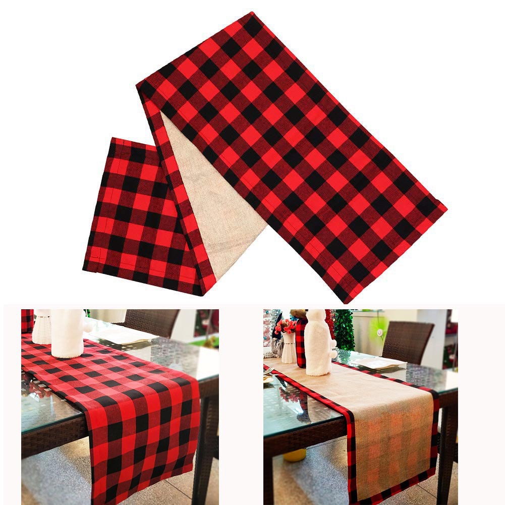 Double-layer New Christmas Decorative Supplies Plaid Cloth Table Runner Holiday Home Arrangement Red and Black Tablecloth Dining Table Mat